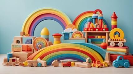 Kids toys collection with wooden rainbow, - obrazy, fototapety, plakaty
