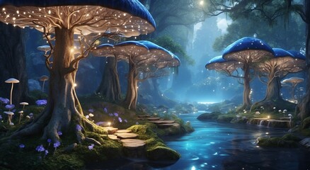 A breathtaking, ultra-realistic image of a hidden Elven forest bathed in the ethereal glow of bioluminescent mushrooms - AI Generative