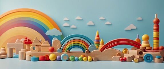Kids toys collection with wooden rainbow,