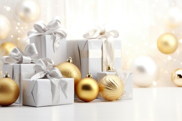 Christmas gifts and decorations in gold and silver colors