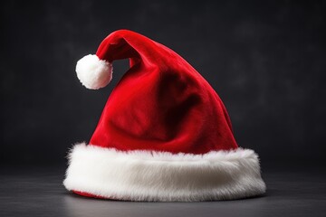 close up of a red Santa hat with a white fur trim and pom pom on a dark background