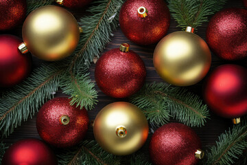 close up red and gold Christmas baubles on a bed of pine needles with top view