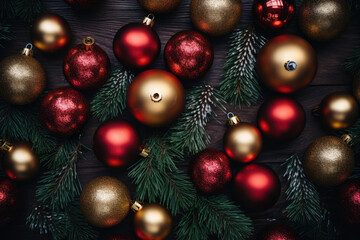 Obraz na płótnie Canvas close up view of shiny red and gold Christmas baubles interspersed with pine branches, wooden background top view