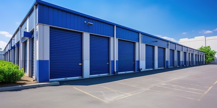 Generative AI, Mini colorful metal self storage facilities rental units, warehouse exterior, industry garage building...