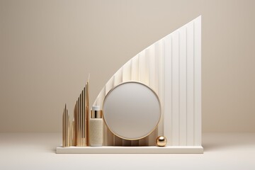 contemporary product display with a circular mirror and golden accents on a beige backdrop