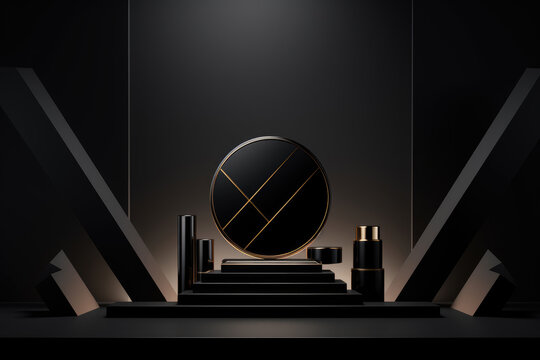 Cosmetics arranged on a geometric, monochrome stage with striking angular lines