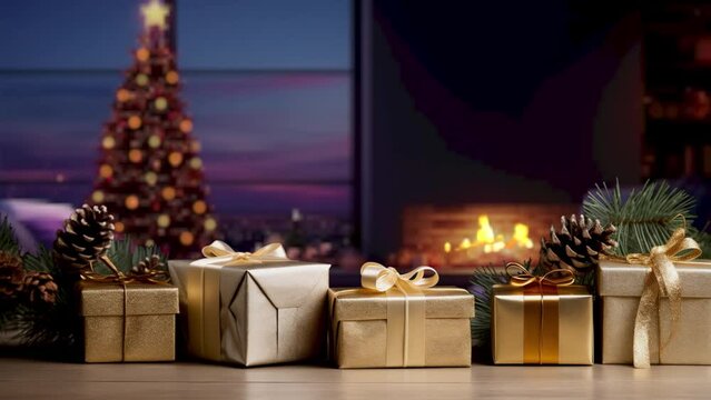Panning camera near Christmas tree, gifts and a fireplace