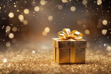 luxurious gift box with a gold ribbon and bow, surrounded by sparkling tinsel and confetti