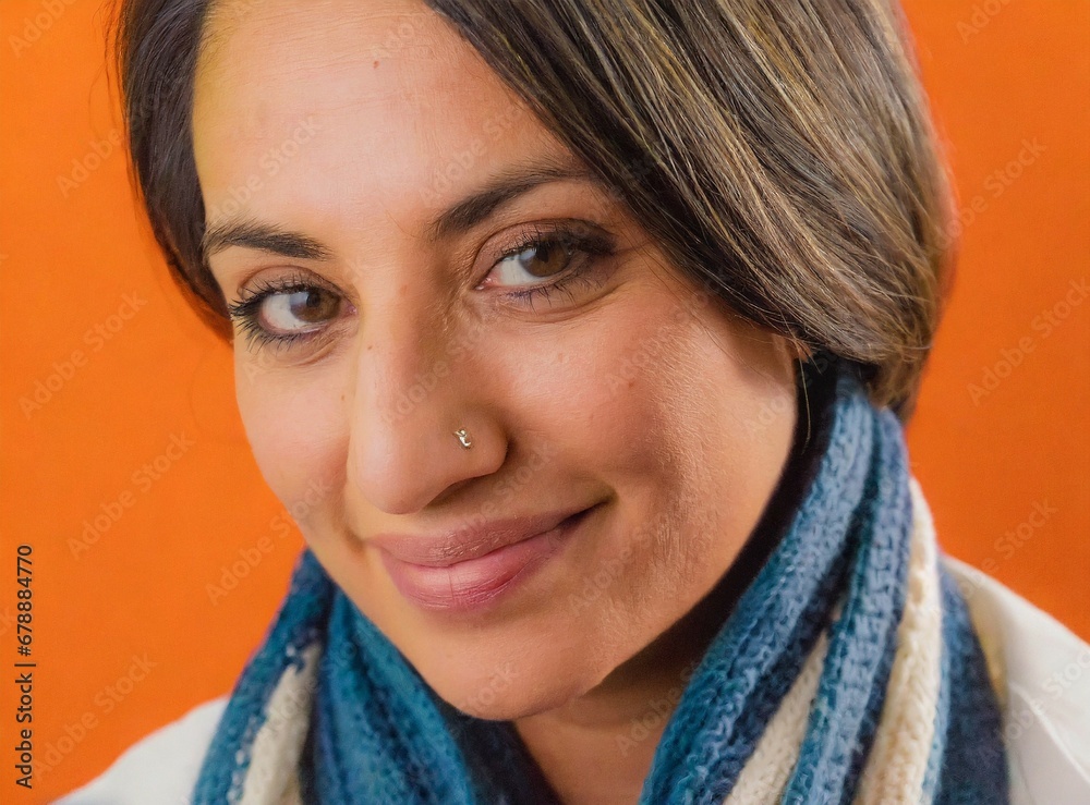 Poster Latin woman wearing scarf isolated on orange background, smiling face closeup, Autumn Fall Season Concept