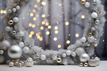 silver Christmas wreath adorned with various ornaments and soft glowing lights, blurred winter theme background with bokeh lights