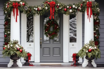 Fototapeta na wymiar sophisticated doorway framed by lush Christmas greenery, wreath, and red ribbon accents