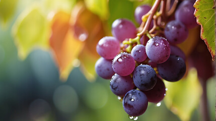A closeup of a bunch of grapes hanging on a branch with a defocused background - AI Generative - obrazy, fototapety, plakaty