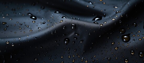 The abstract black pattern on the fabric background resembled the texture of water splashes rain creating a mesmerizing effect with bokeh bubbles and a vibrant umbrella shaped drop highlight - obrazy, fototapety, plakaty