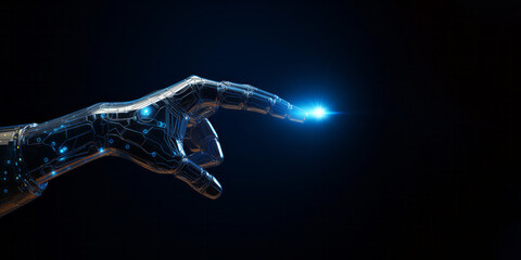 Robotic hand with illuminated circuits is reaching out with bright light emanating from the fingertip on black banner. Future technology concpet