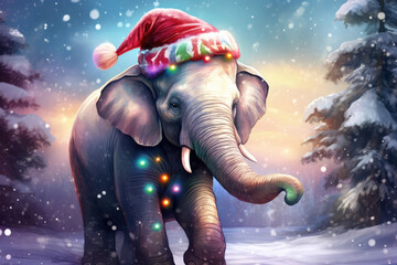 illustration of a cute elephant with santa hat and colorful christmas lights in a snow covered forest