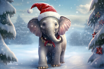 adorable baby elephant with santa hat and christmas necklace, snowflakes and copy space - obrazy, fototapety, plakaty