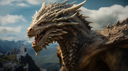 Super realistic image of beautiful dragon with red eyes and sharp details. Cinematic colors of a close-up dragon head with open mouth. Portrait of a dragon. Copy Space. © Loucine