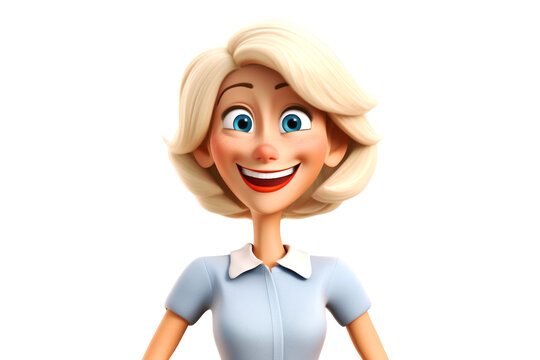 Happy smiling cartoon character woman with blond hair wearing blue shirt standing exited on white background. Successful people female person concept