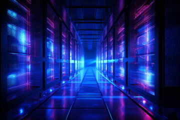 Sleek network of server racks glowing with neon lights in a modern and sophisticated data center environment. Technology development concept