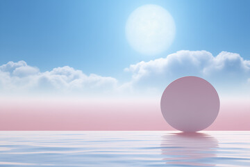 Minimal concept with mirror and pastel bacground. Blue and pink sky.
