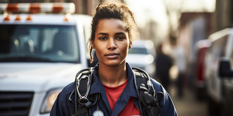 Portrait of a dedicated Emergency Medical Technician Paramedic in action, assessing injuries and administering urgent care - obrazy, fototapety, plakaty