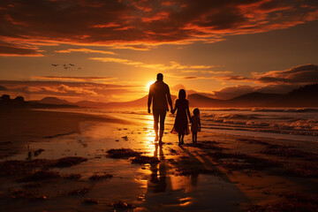 silhouette of family walking along the sea on the sunset