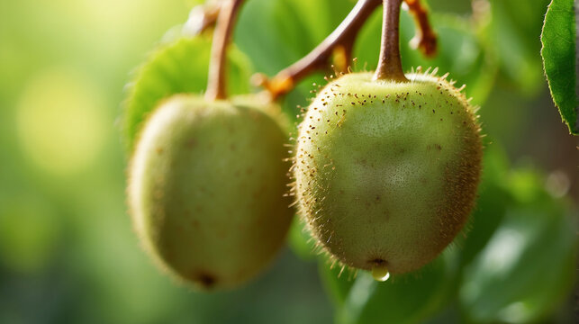 A closeup of a couple of Kiwi Fruits hanging on a branch with a defocused background - AI Generative