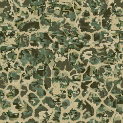 Full seamless distressed camouflage texture background. Military uniform print. Irregular mottled watercolor pattern. Blotched aged worn textile fabric.