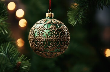 a christmas ball ornament hanging on a tree