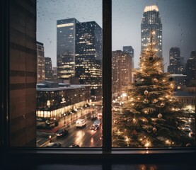 view of christmas tree and windows with snow falling around christmas tree