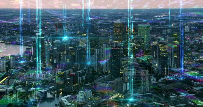 Aerial view of Famous Financial District in London United Kingdom. Several Connections forming a Technological Grid Blue Data Columns of Light in the City. Smart City, IOT, Augmented Reality.