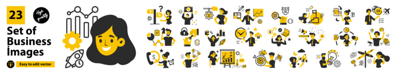 Business concept drawings. Mega Set. Scenes of men and women participating in business activities. In the white background, isolated flat graphic vector drawings.