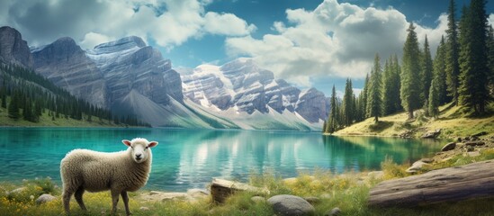 summer amidst the stunning Banff mountains and lush forests wildlife abounds as sheep graze peacefully near the refreshing water under the vast sky blanketed with fluffy clouds while a baby - Powered by Adobe