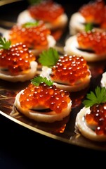 canape with red caviar on a black background, closeup