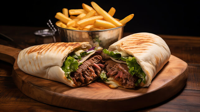 Greek pork giros with fires , AI Generate 