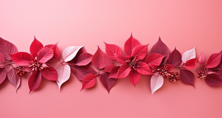 a red background with poinsettias and red leaves