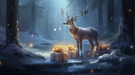 a deer with many presents sitting in the snow - obrazy, fototapety, plakaty