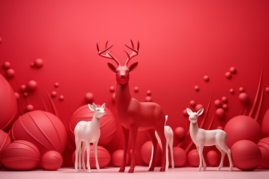 3D Xmas deer character clip art tools in red background.