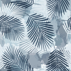 Palm Leaves Pattern. Watercolor Palm leaves seamless vector background, blue jungle print textured