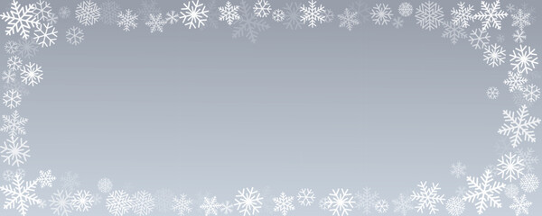 Christmas snowflakes frame background. Winter silver snow falling minimal decoration, greeting card. Noel subtle backdrop. Vector illustration