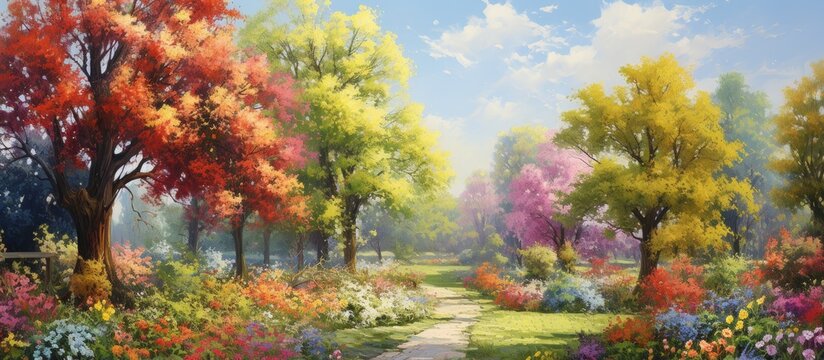 In the tranquil garden a colorful landscape emerged with lush green trees vibrant flowers in full bloom and leaves painting the ground in shades of autumnal white Against the backdrop of a 