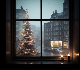 a white christmas tree stands outside a window of a building