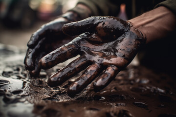 Oil pipeline and natural gas refinery. Crude oil production. Hands of a worker in crude oil, oil spilled in hands of a worker during gas extraction at oilfield. Oilfield Accident. Extraction of petrol