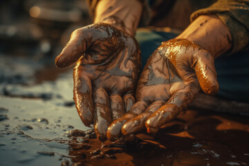 Fototapeta na wymiar Oil pipeline and natural gas refinery. Crude oil production. Hands of a worker in crude oil, oil spilled in hands of a worker during gas extraction at oilfield. Oilfield Accident. Extraction of petrol