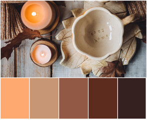 Design palette inspired by fall cozy atmosphere, delicious pumpkin latte with marshmallow. Designer pack with photo, swatches. Harmonious warm autumn colour combination orange, brown, yellow, beige