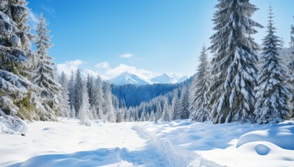Fototapeta na wymiar a snow scene with sunny skies and snow covered trees