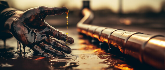 Oil pipeline and natural gas refinery. Crude oil production. Hands of a worker in crude oil, oil spilled in hands of a worker during gas extraction at oilfield. Oilfield Accident. Extraction of petrol - obrazy, fototapety, plakaty