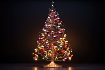 Fancy alternative christmas tree with gold star made of festive garland, multicolored balls and wire strings. Sustainable christmas and new year, zero waste, eco friendly concept