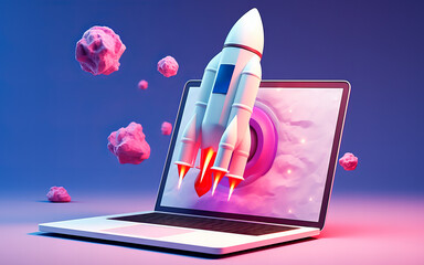 3D white rocket coming out of a laptop screen, techonology and innovation theme for an ad or business presentation (Generative AI) - obrazy, fototapety, plakaty