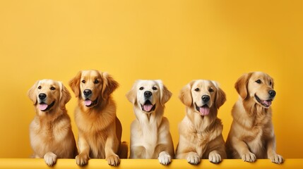 Five Golden Retriever Dogs Sitting Together